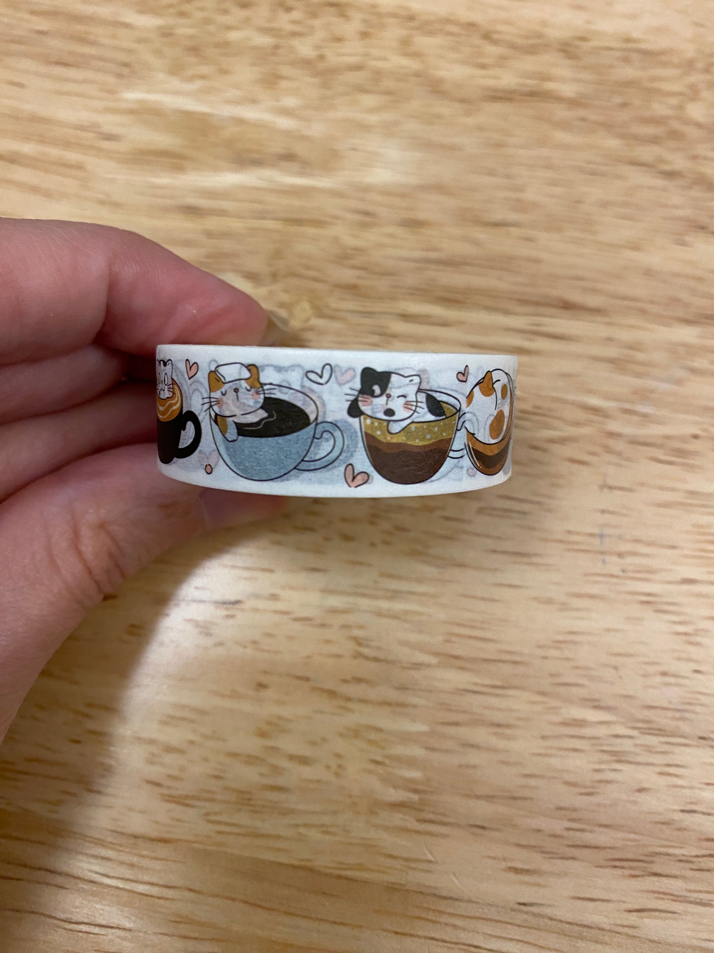 Brown Tea Cup Cats Washi Tape Big Roll, Cats with Tea Cup Washi Tape roll, Sample Washi Tape, Brown Tea Cup Cats Design Tape