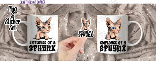 Odd Eyes Sphynx Cat Mug and sticker set, Employee of a Sphynx set, Sphynx Cat Mug and Sticker set, Sticker and Mug set, Sphynx Employee Mug