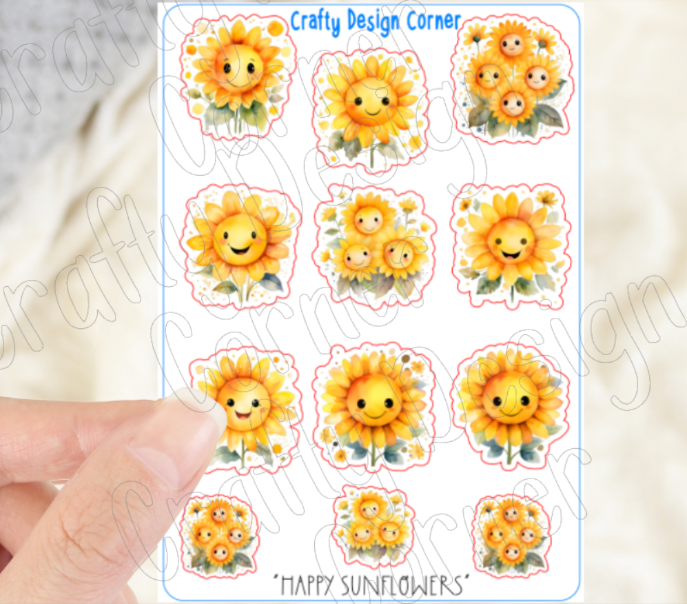 Cute Yellow Sunflowers Stickers, Sunflower with faces Sticker, Sunflower sticker sheet