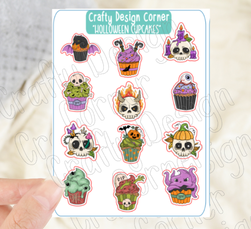 1" Holloween Cupcakes stickers, Cupcakes with Skulls sticker sheet, Matte Planner Sticker or Glossy Planner Sticker, Cute Cupcakes skulls
