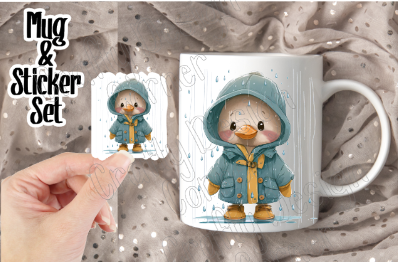 Set Raining Duck Bundle, Mug and Matching Sticker Combo