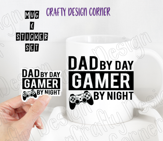 Dad by Day Gamer by Night Mug and Sticker Set, Daddy Mug and Matching Sticker Combo, Dad Mug, Father Mug with Sticker, Gift Set