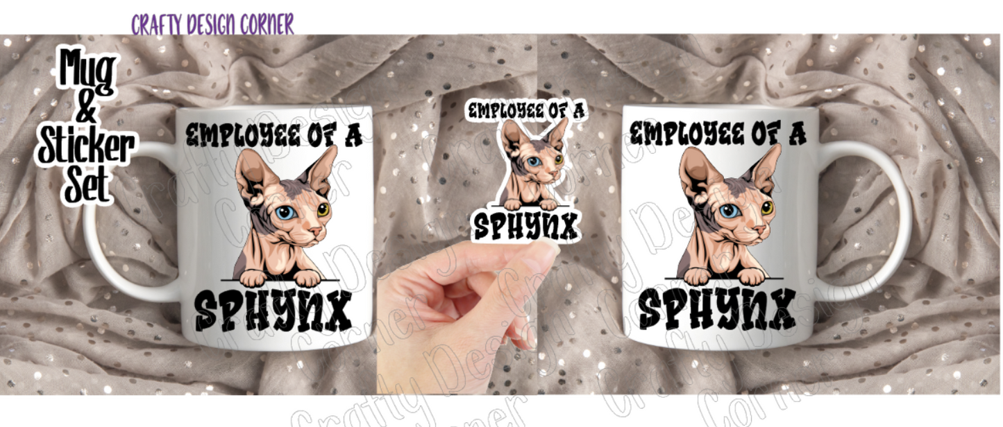 Odd Eyes Sphynx Cat Mug and sticker set, Employee of a Sphynx set, Sphynx Cat Mug and Sticker set, Sticker and Mug set