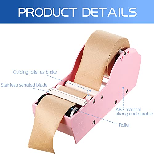 Water Activated Paper Tape Dispenser with Gummed Paper Tape,2.75 Inch x 148 Feet Wet Gummed Kraft Paper Tape Fiberglass Reinforced Sealing Tape for Packaging, Shipping, Mailing (Pink)