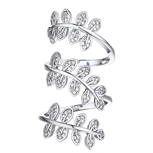U7 Women Clear CZ Platinum Plated Leaf Shape Full Finger Long Ring, Statement Cocktail Ring, Bride Ring Adjustable