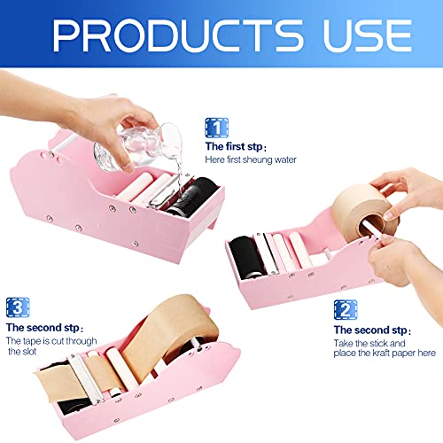 Water Activated Paper Tape Dispenser with Gummed Paper Tape,2.75 Inch x 148 Feet Wet Gummed Kraft Paper Tape Fiberglass Reinforced Sealing Tape for Packaging, Shipping, Mailing (Pink)