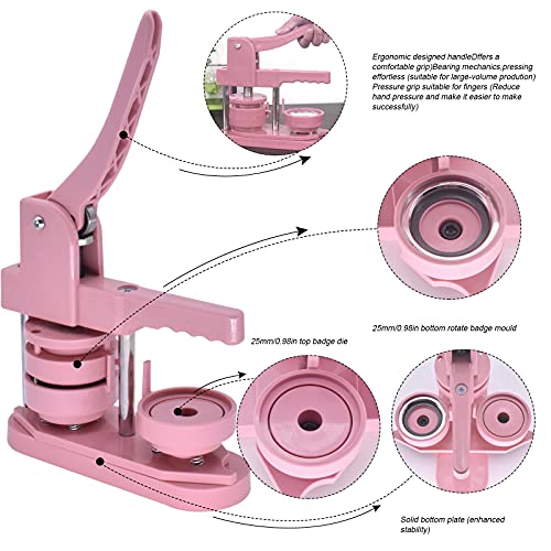 TWSOUL Installation-Free Button Badge Maker Machine, 58mm (2.25in) DIY Pin Button Maker Press Machine Badge Punch Press with Free 100pcs Metal Button Parts&Circle Cutter&Pictures&Magic Book (Pink)