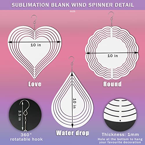 3 Pack Sublimation Wind Spinner Blanks, Aluminum Blank Wind Spinners Wind Kinetic Sculptures with Drop Flower Heart Shape, Double Sided DIY Craft Ornaments Hanging Decor for Garden Window Yard