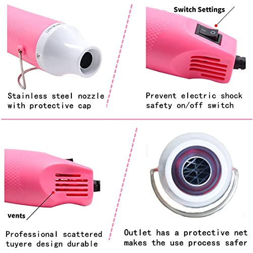 Heat Gun for Crafts, Mini Heat Gun for Epoxy Resin, 300W Portable DIY Acrylic Resin Craft, Dryer Crafts Heat Tool for Cup Turner, Shrink Wrapping, Crafts Embossing, Resin Bubble Remover (Pink)