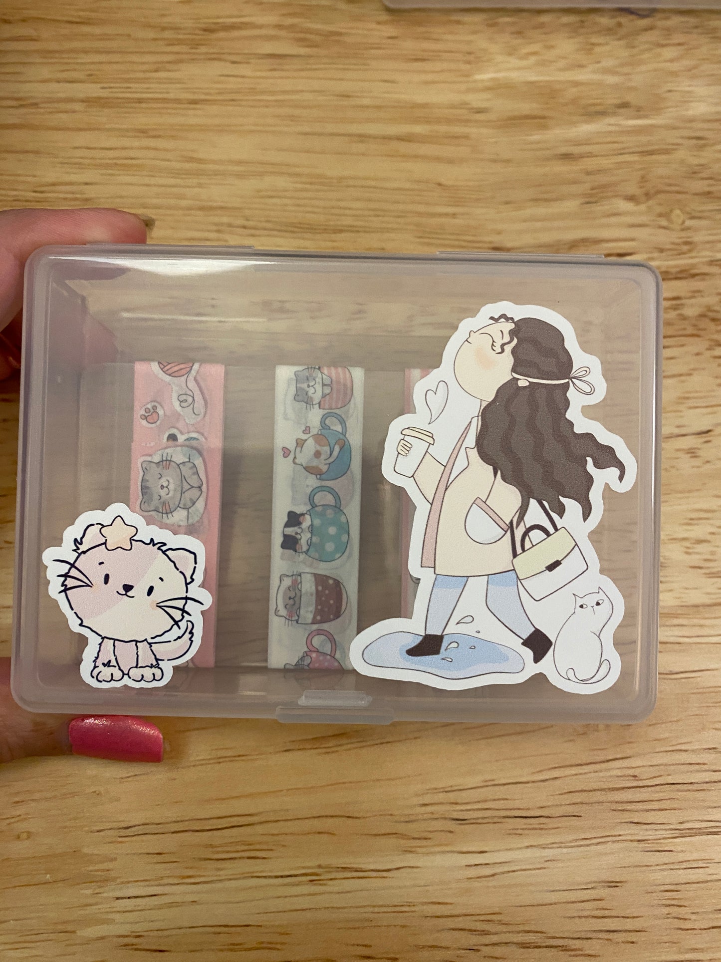 3 Washi Tape Samples with Storage Box Set Decorated with Cat Lady and Extra Cards
