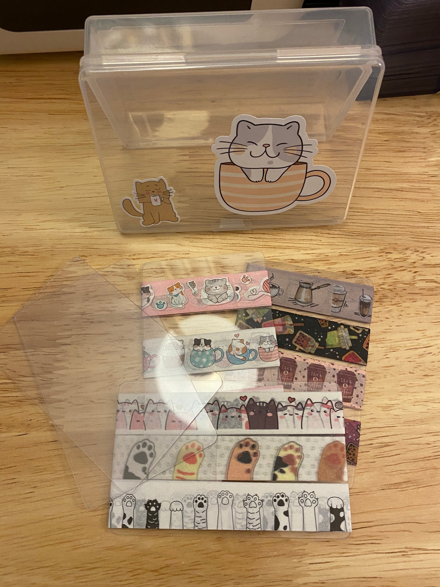 10 Washi Tape Samples with Storage Box Set Decorated with Teacup Cat and 2 Extra Blank Cards