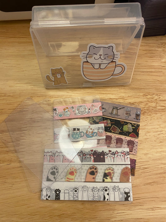 10 Washi Tape Samples with Storage Box Set Decorated with Teacup Cat and 2 Extra Blank Cards