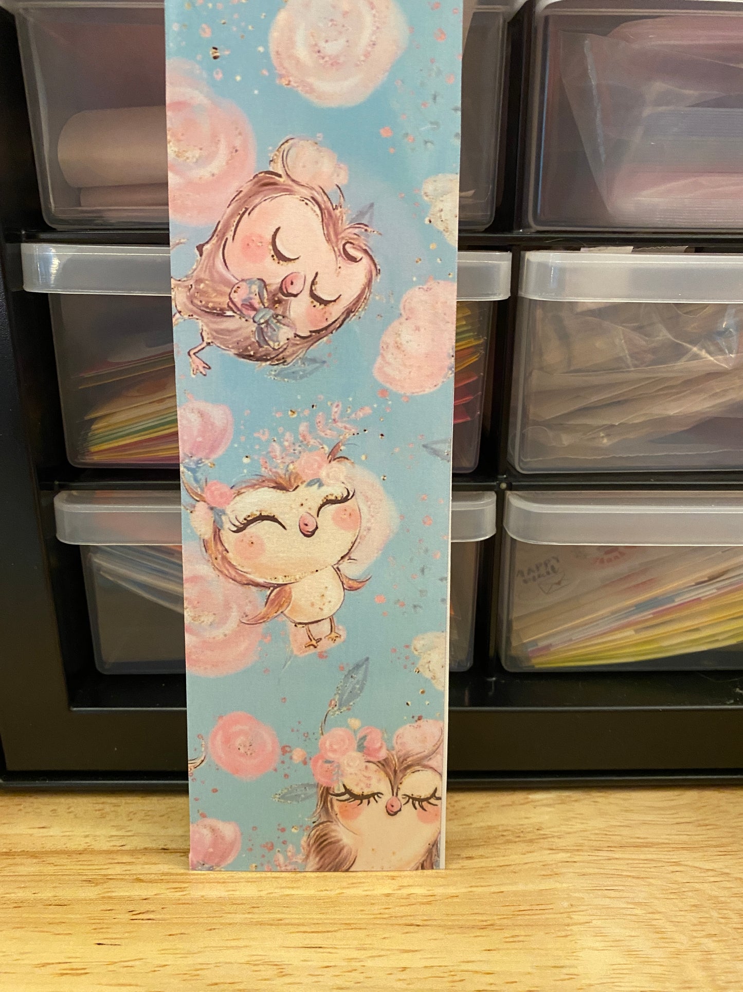 Double Sided Owl Family with Roses Bookmark