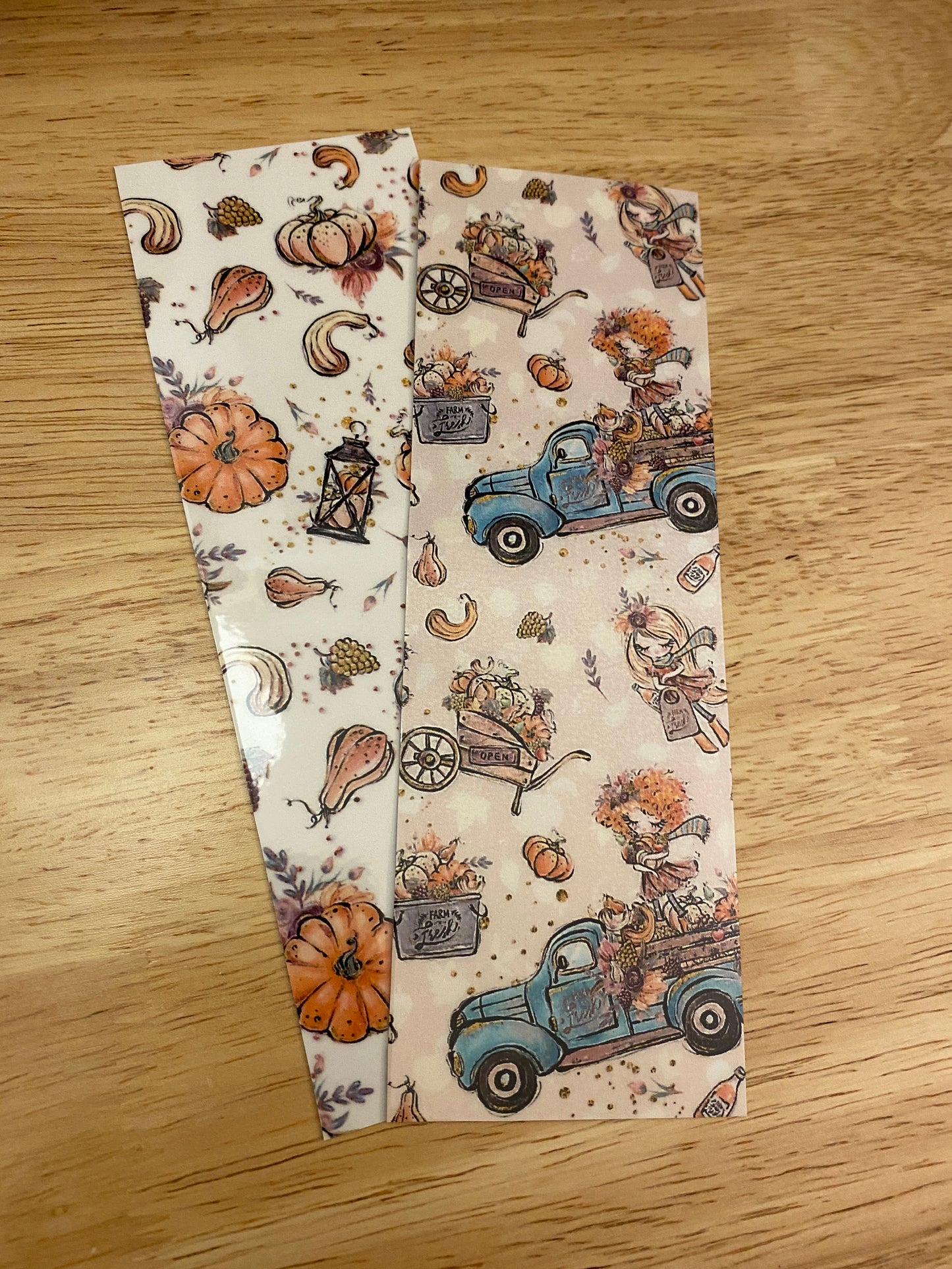 Double Sided Fall Girl with Blue Truck and Autumn Leaves Bookmark