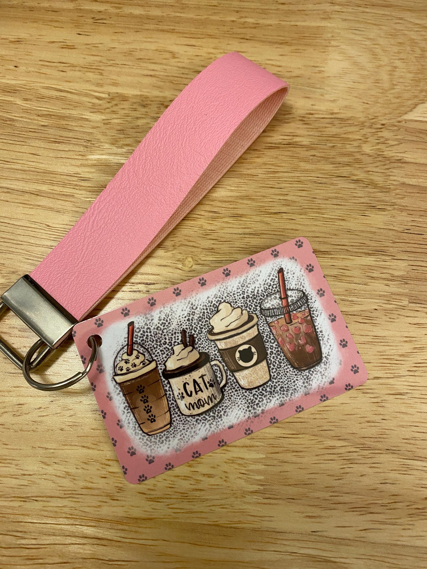 Double Sided Cat Mom Key Chain with Faux Leather strap