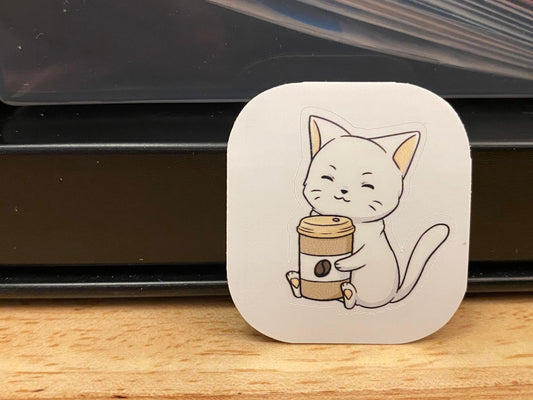 White Cat with Coffee Sticker