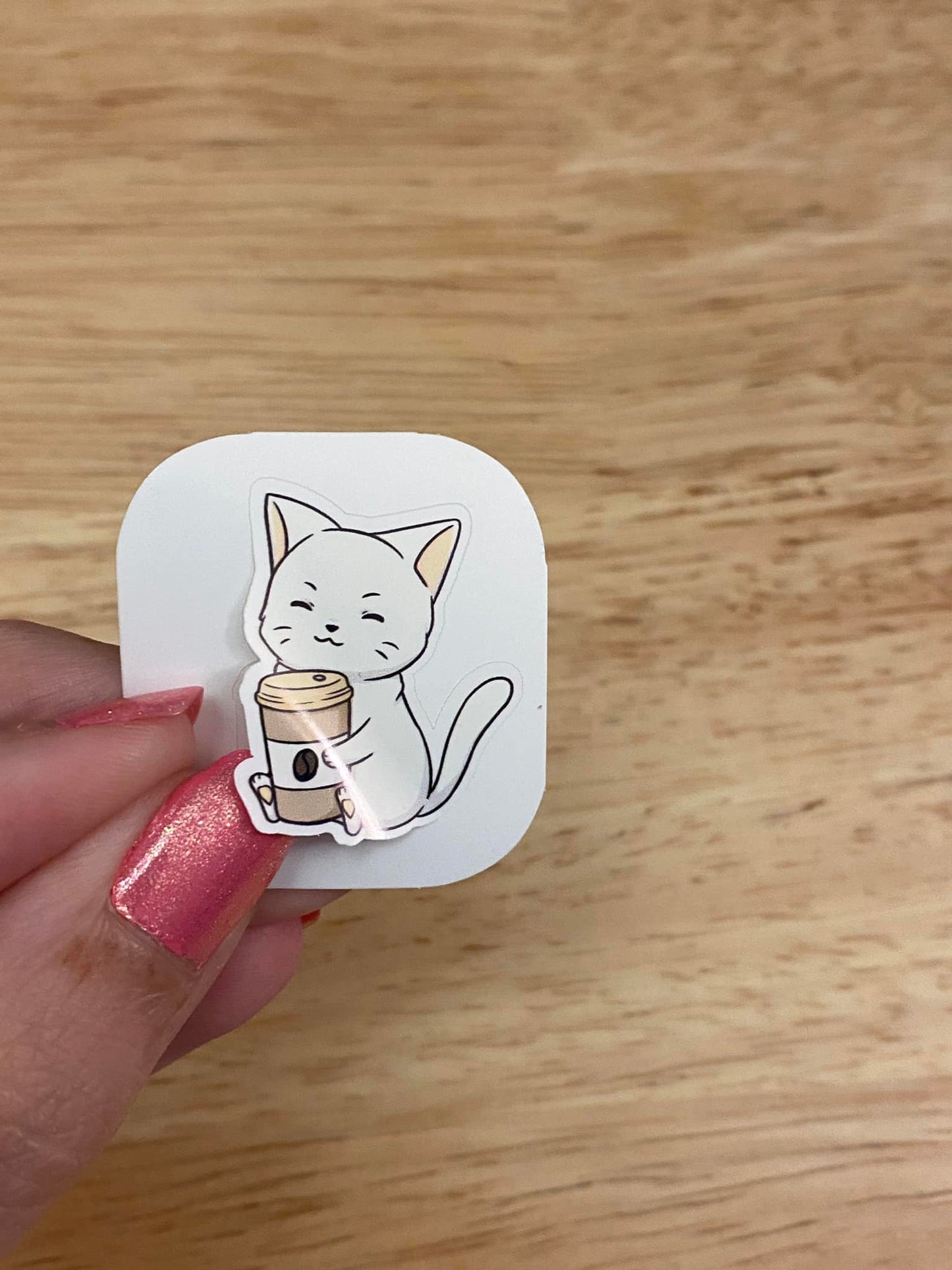 White Cat with Coffee Sticker