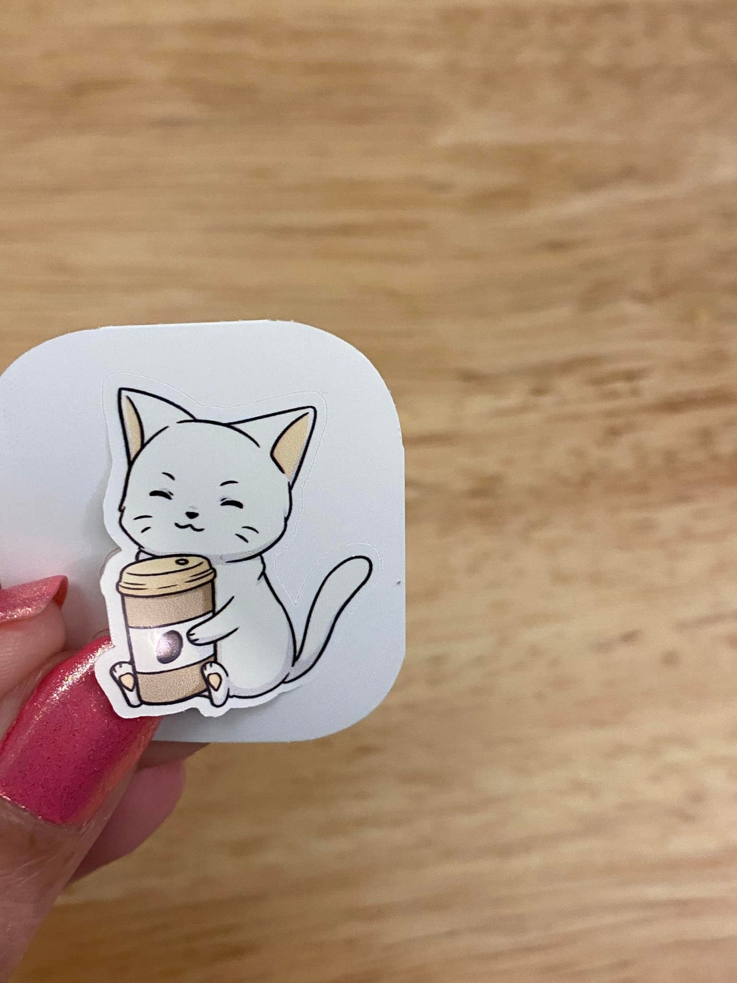 White Cat with Coffee Sticker