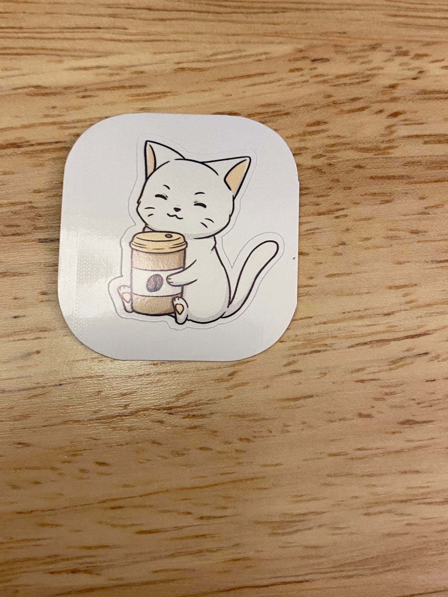 White Cat with Coffee Sticker