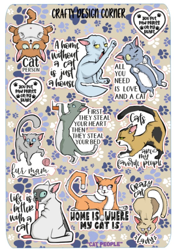 Medium Sheet of 2" Cat Mom Sticker Sheet, Cat People Sticker, Animal Sticker, Furr Friends Stickers, Cat Transfer, Cute Cat Stickers