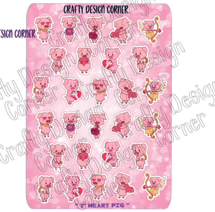 Large Sheet of 1" high Valentine Heart Pigs Stickers