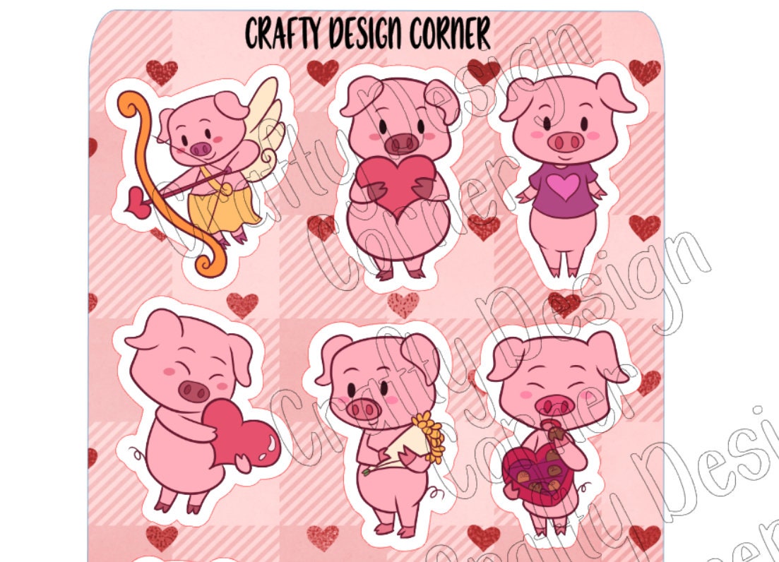 OOPSIE 7.3″ x 5.” Sheet of 2" high Valentine Heart Pigs Stickers