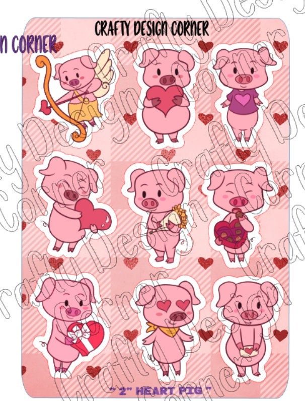 OOPSIE 7.3″ x 5.” Sheet of 2" high Valentine Heart Pigs Stickers