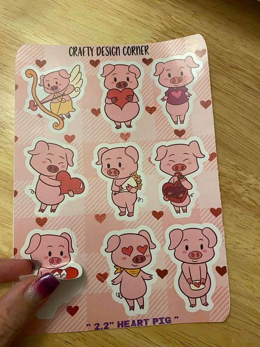 OOPSIE 7.3″ x 5.” Sheet of 2" high Valentine Heart Pigs Stickers