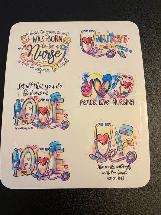 Sheet of Nurse Stickers, Watercolor Nurse Stickers, Peace Love Nurse Sticker, Love Nurse Sticker, Christian Stickers for Nurses
