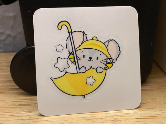 Grey Mouse with Umbrella STICKER, Cute Mouse sticker, Laptop sticker,  Holographic option, Grey Mouse with yellow