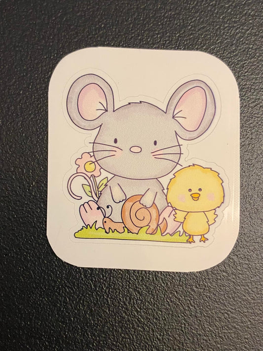Mouse and chick STICKER, Cute Mouse sticker, Cute Chick sticker, Holographic option, Grey Mouse with yellow chick