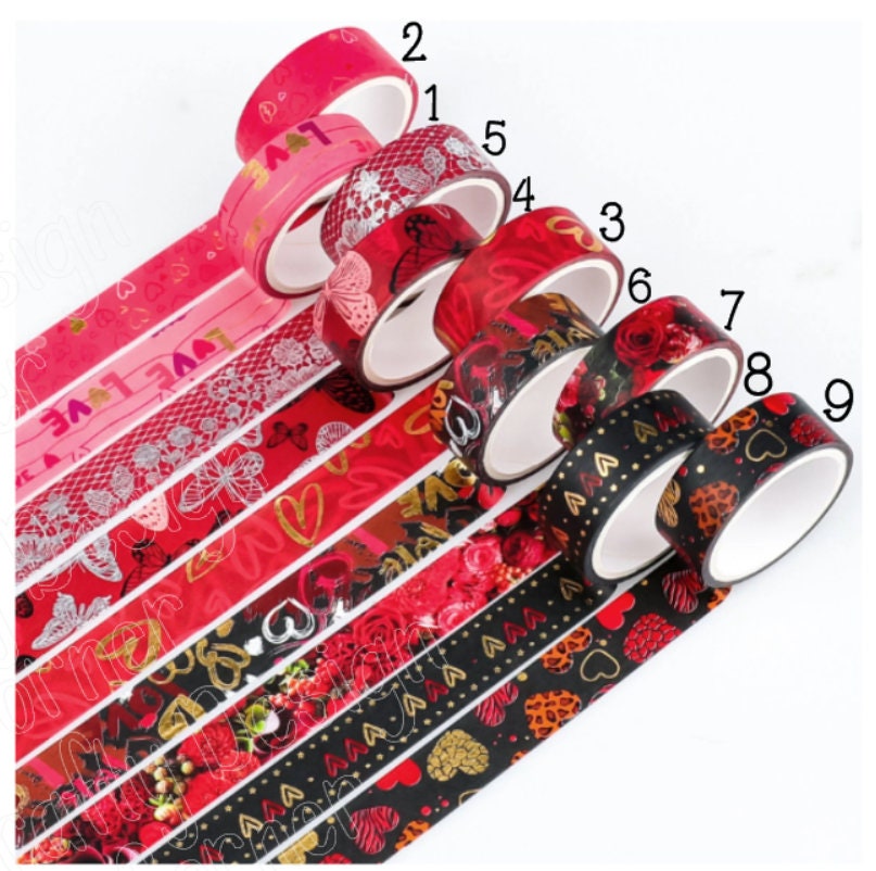 Pretty Gold Foil Heart Washi Tape roll, Love Washi Tape Roll, Rose Washi Tape Roll, Elegent Washi Tape Roll, Black and Red Washi