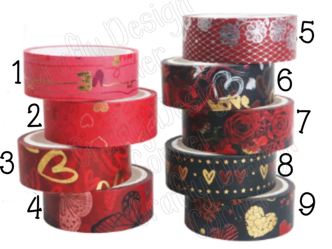 Pretty Gold Foil Heart Washi Tape roll, Love Washi Tape Roll, Rose Washi Tape Roll, Elegent Washi Tape Roll, Black and Red Washi