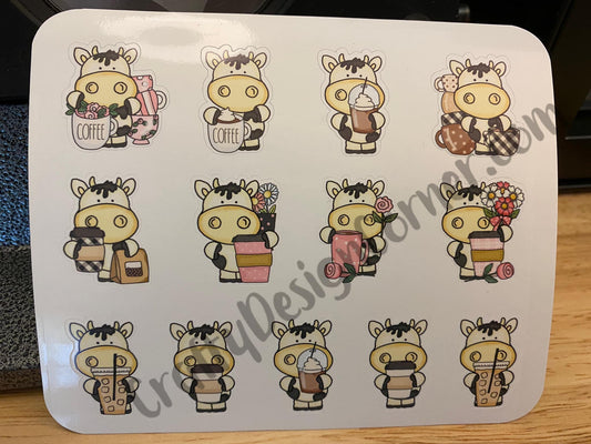 Coffee Cow Stickers Sheet, Cow holding Coffee Sticker Sheet, Cute Cow Stickers, Planner Cow stickers, Planner Stickers, Coffee Stickers