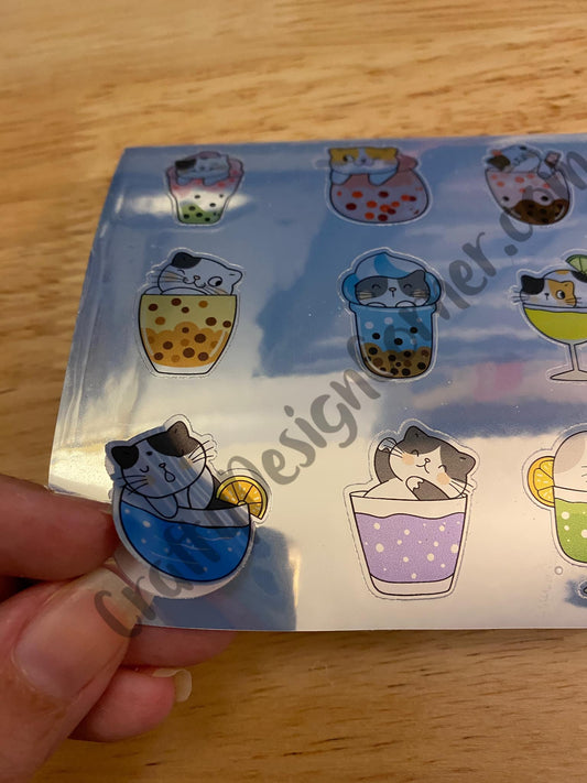 Silver Holographic Cat Boba Tea Stickers Sheet