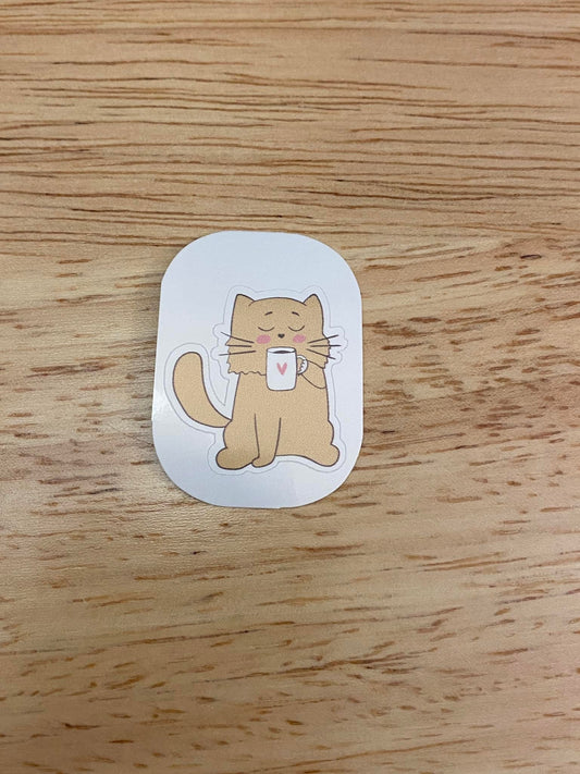 Brown Cat with Coffee Sticker