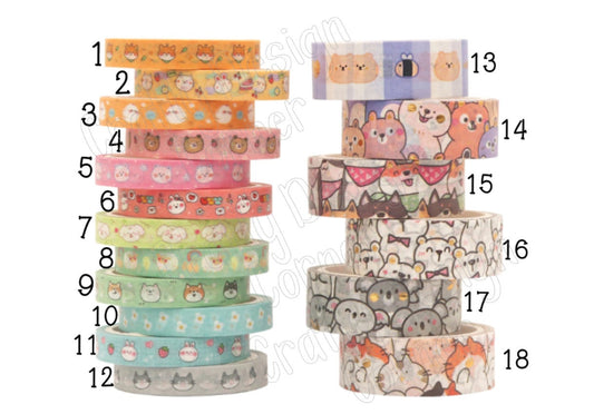 Kawaii Animals Washi Tapes to choose from, Dog, Cat, Bunny, Sheep, Bear, Chicken, Koala Bear