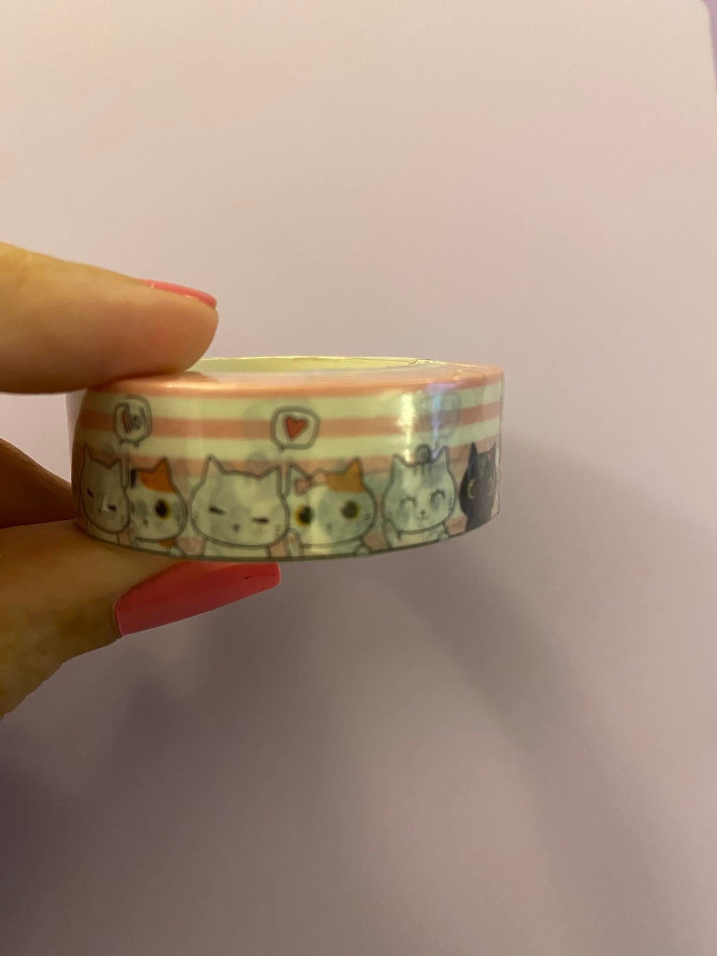 Big Roll of Kawaii Cats with Pink Stripes Washi Tape