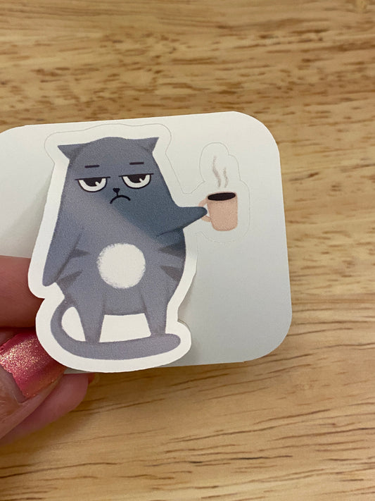 Gray Cat with Coffee Mug Sticker