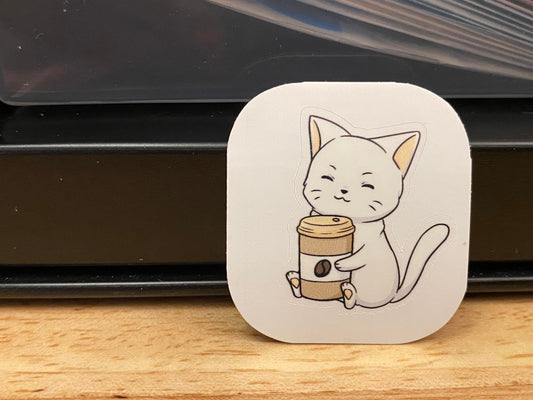 White Cat with Coffee Sticker, Cat Sticker, Cute Cat Sticker, Cat with cup Sticker, cute cat sticker