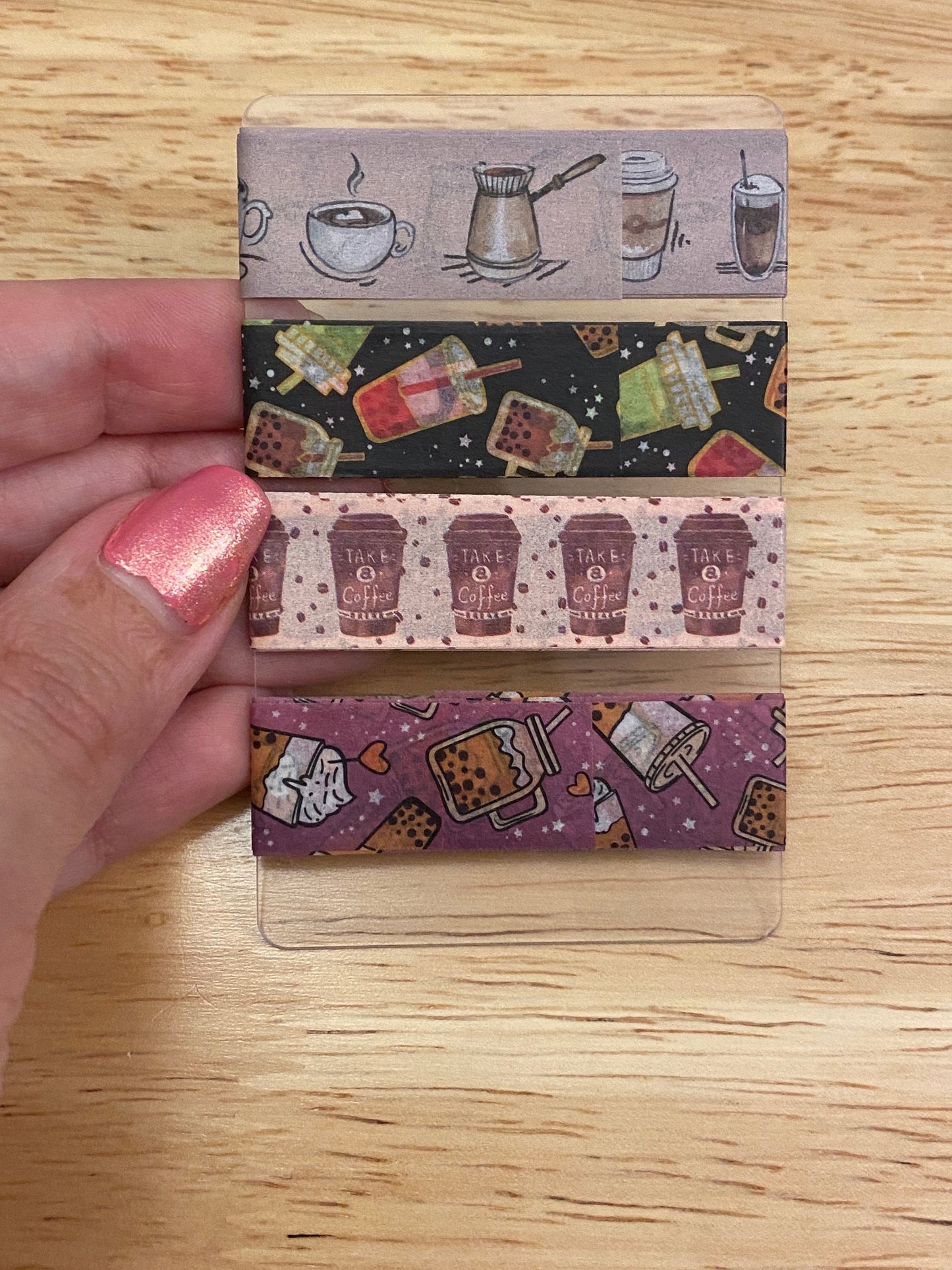 4 Coffee and Iced Coffee Washi Tape Samples on Card, Coffee Washi Tape Sample Card, Card that goes with washi tape storage, Single Card
