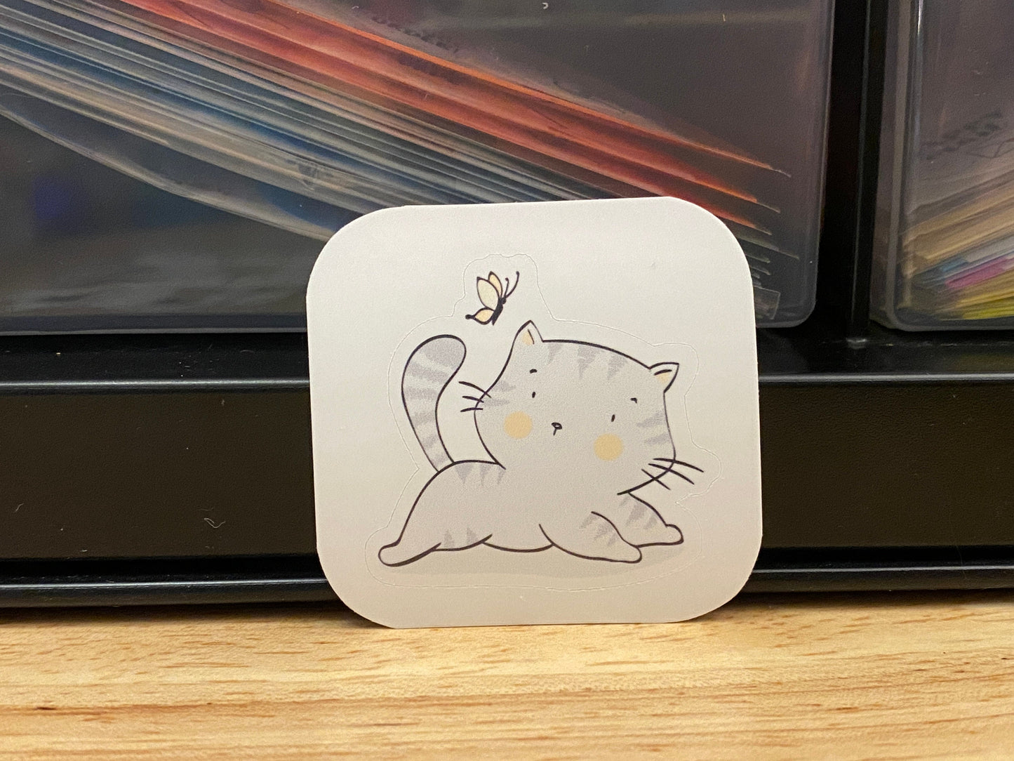 Gray Cat with ButterFly Sticker, Grey Cat coffee Sticker, Cute Cat with Bug Sticker, Butterfly Cat Sticker, cat sticker
