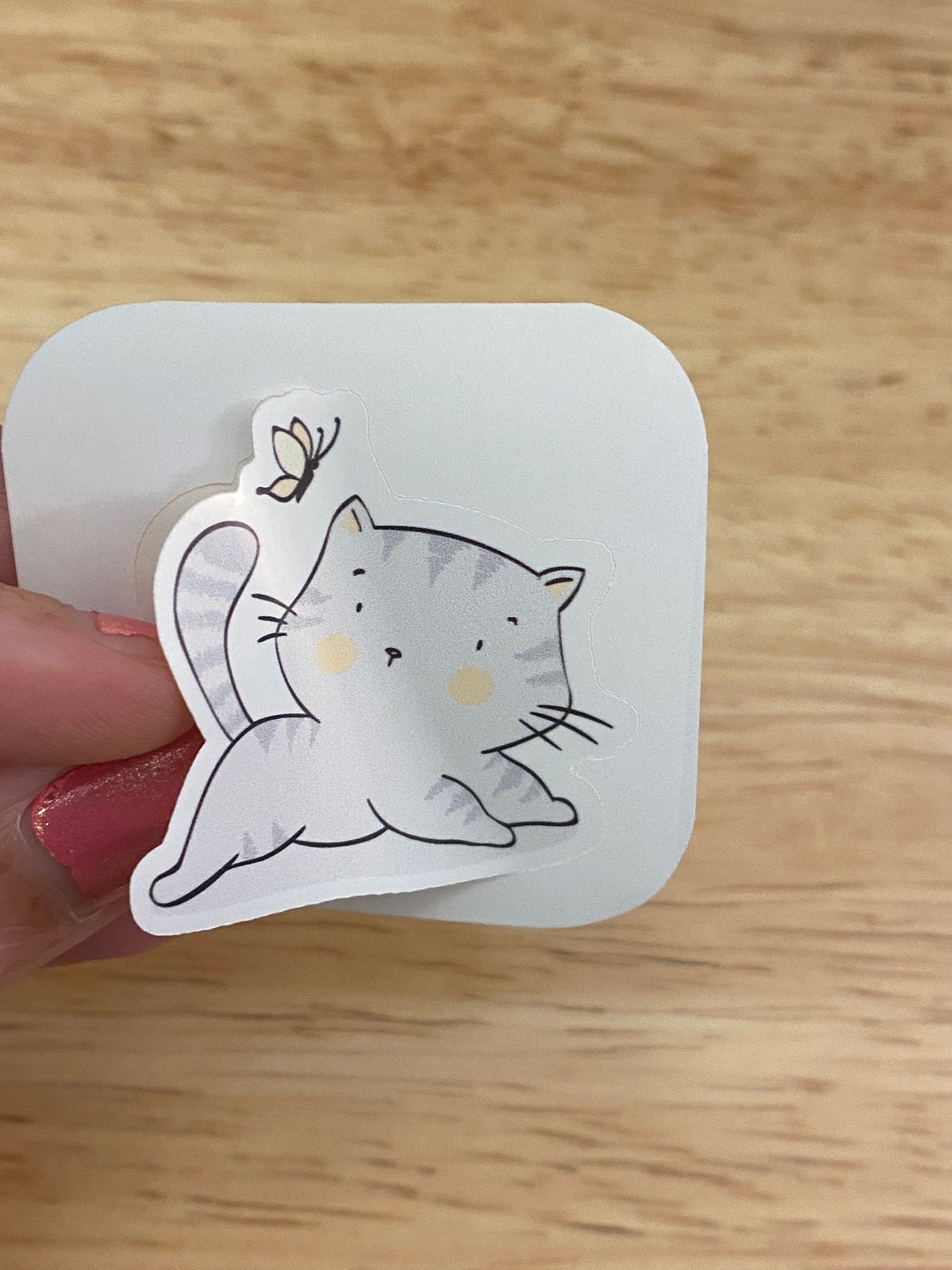 Gray Cat with ButterFly Sticker, Grey Cat coffee Sticker, Cute Cat with Bug Sticker, Butterfly Cat Sticker, cat sticker