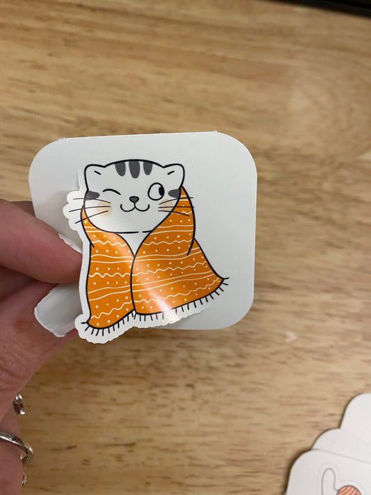 Kitty snuggling in blanket Sticker, white Cat with Blanket Sticker,  Cat sticker, Cute Cat Sticker, Cat with blanket