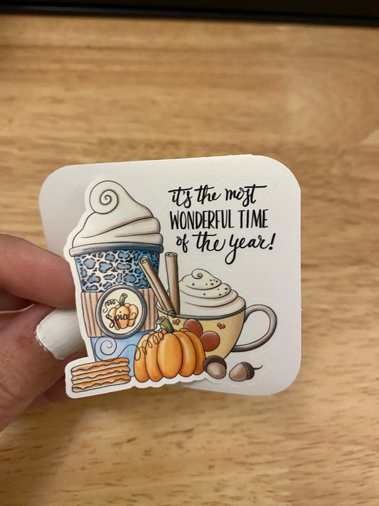 Its the most Wonderful Time of the Year Sticker, Fall Sticker, Pumpkin Sticker, Coffee Pumpkin sticker, Fall Design