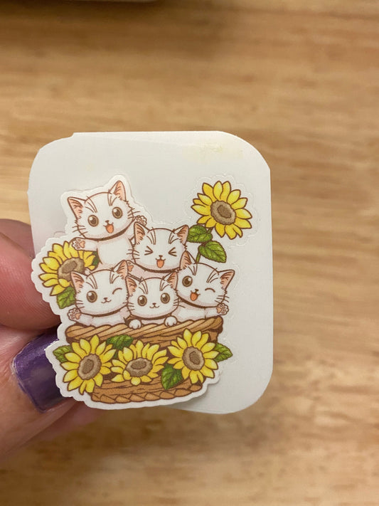 Basketful of Cats and Sunflowers Sticker, Cute Cat Sunflower Sticker, Sunflower Cat sticker