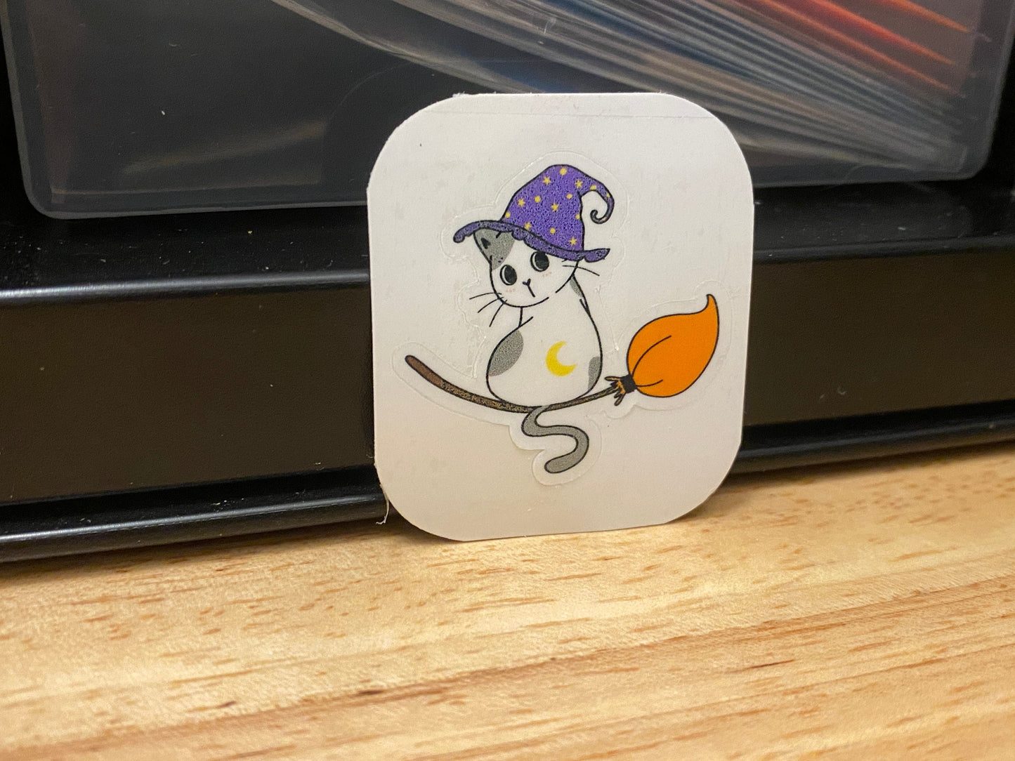 Cat flying on Broom Sticker, Cute Cat dressed as Witch Sticker,Halloween Cat sticker, Witch Cat on Broom Sticker