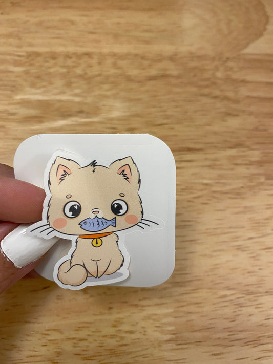 Cat with Fish Sticker, Cute Cat with collar sticker, Cat with Collar holding Fish Sticker, Cat Sticker