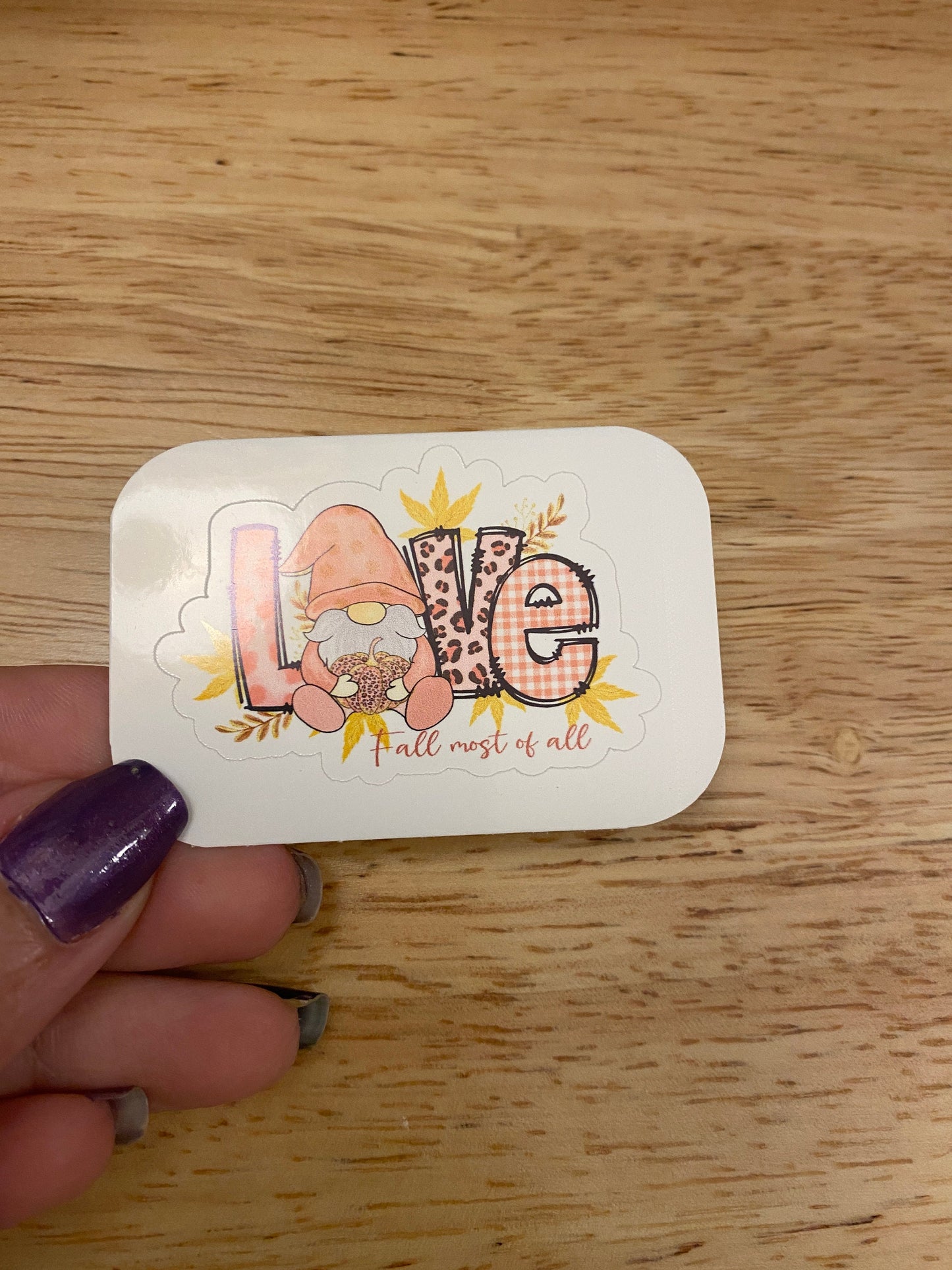 Pink Fall Love Gnome STICKER, Autumn Sticker, Holographic option, Cute Love Design Sticker, Gnomie Love design