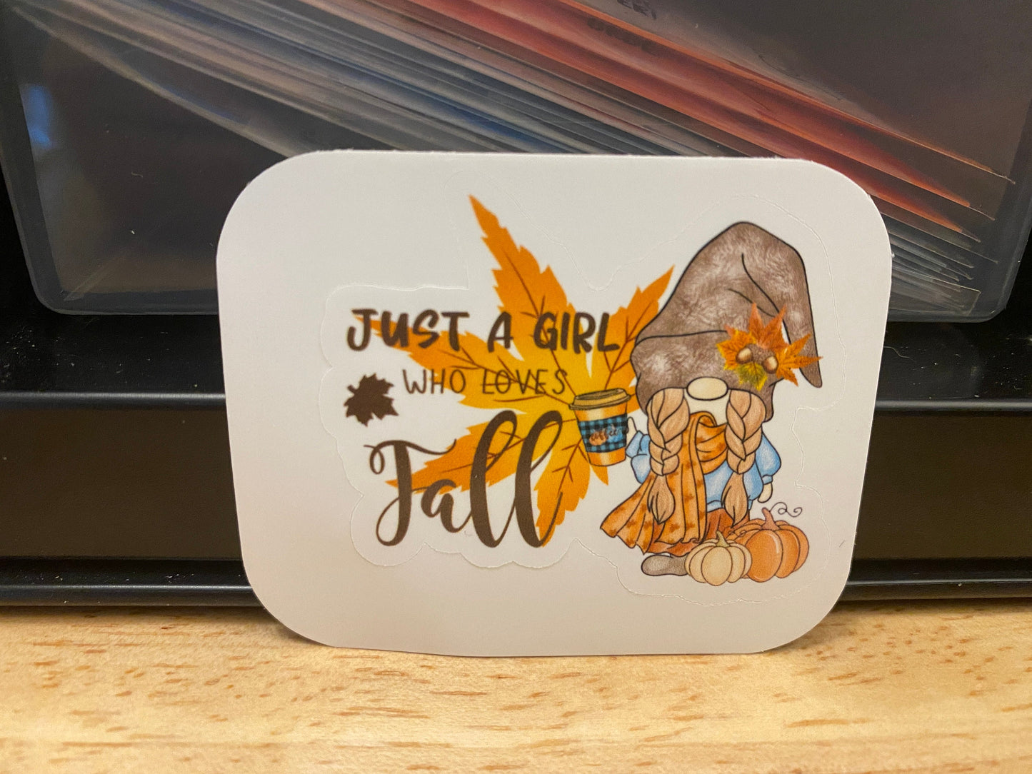 Just a Girl who loves Fall Gnome STICKER, Autumn Sticker, Holographic option, Cute Fall Gnome Design Sticker, Gnomie Love Fall design